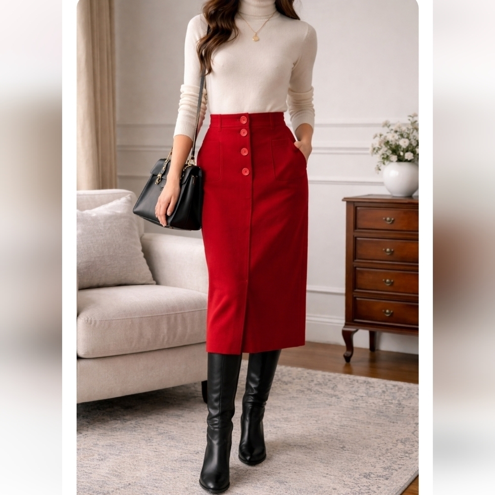 Vintage Pascal Valmy Red Wool Pencil Skirt High Waist Chic 38
